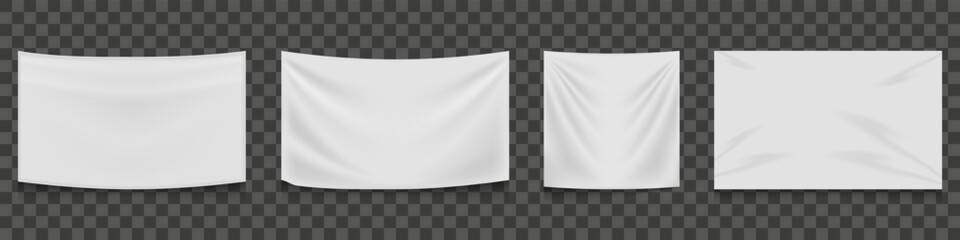 Blank white canvas posters with shadow. White realistic hang blank fabric horizontal canvas banners. Empty textile banners. Canvas template