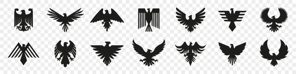 Eagle logo in black. Eagle or hawk icon design. Eagle emblems or eagle logos collection. Falcon, hawk, eagle icons. Business logo company - obrazy, fototapety, plakaty