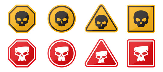 Warning sign collection with skull icon. Set of caution symbol with skull. Yellow and red hazard symbols sign. Toxic, electricity, chemical warning signs. Skull symbols in sign