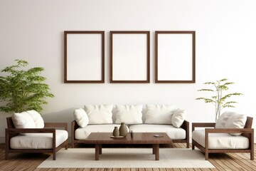 Fototapeta na wymiar 3 hanging frames mockup, living room photo mockup, 3 blank frames, multiple frames, picture frame template