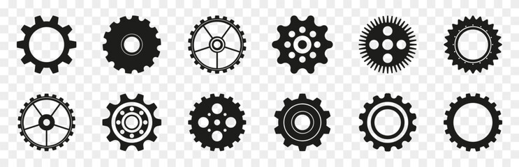 Gear icons in black. Set of simple gear signs. Black gear wheel icons on a transparent background. Gear wheel icon collection - obrazy, fototapety, plakaty