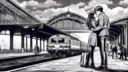 Couple in love saying goodbye on the pier of the railway station
