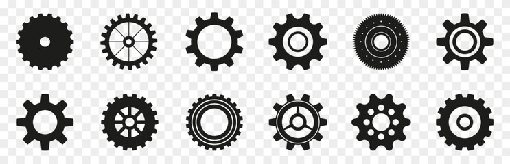 Gear icons in black. Set of simple gear signs. Black gear wheel icons on a transparent background. Gear wheel icon collection - obrazy, fototapety, plakaty