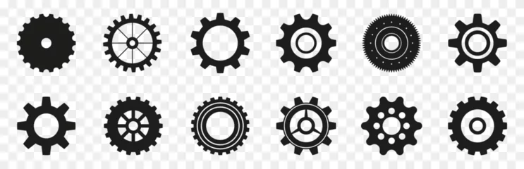 Fotobehang Gear icons in black. Set of simple gear signs. Black gear wheel icons on a transparent background. Gear wheel icon collection © stas111