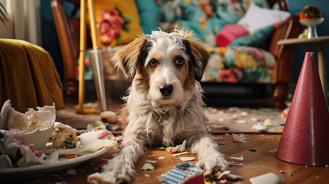 Guilty Pup: A Cute Dog in a Room with a Mess