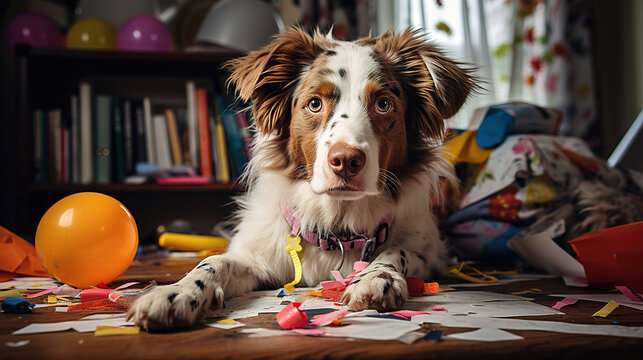 Guilty Pup: A Cute Dog in a Room with a Mess