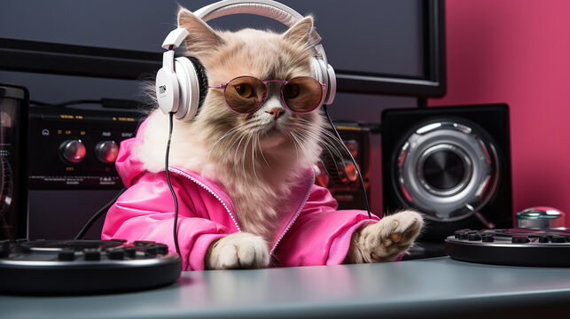 DJ Cat in Pink: A Furry and Funky Disc Jockey