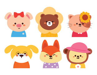 set of hand drawing cartoon animals sticker set. cute animal drawing for sticker, icon