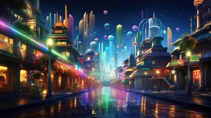 A modern city street with buildings illuminated in green, and floating golden coins leading towards a neon rainbow. St Patrick vibe.