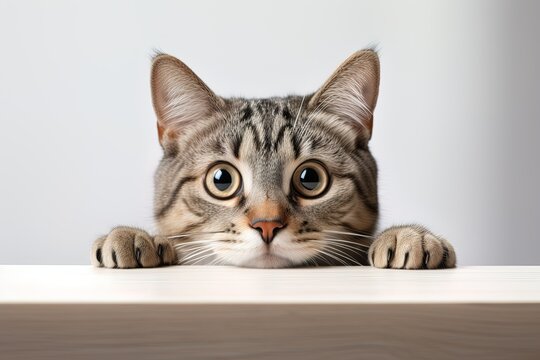 Young adorable tabby cat peeking out from under the surface on light background
