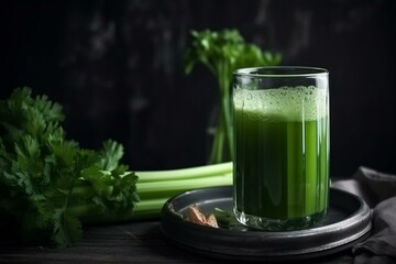 Freshly squeezed celery juice in a glass with twig. Healthy, delicious, vitamins, nutrition. Generative AI