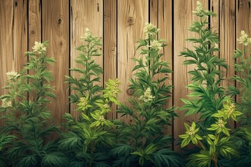 Cannabis plants with flowers in a wooden background. Generative AI