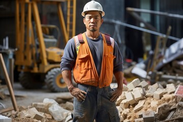 Asian Male Construction Worker Occupation Attractive Backdrop Generative AI