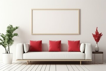 Modern interior design with poster artwork mock up template. Blank empty picture frame for poster or painting