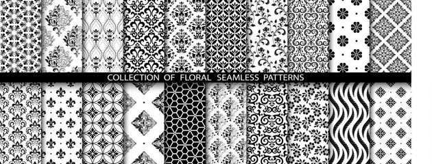 Geometric floral set of seamless patterns. White and black vector backgrounds. Damask graphic ornaments.