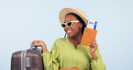 Happy African woman, passport and studio with suitcase, airplane ticket and documents by blue...