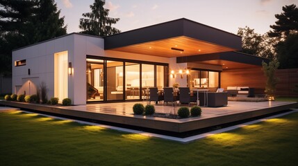 luxurious modern house exterior house illuminated by elegant lighting and garden in the evening