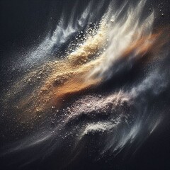 The image depicts a dramatic- abstract scene against a deep black background-At its centre is a dynamic cloud of moving white- orange and grey dust-The dust particles are scattered across