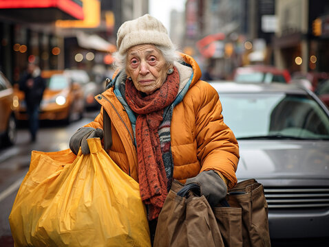 Shopping Spree: Senior Lady on Her Way Back from the Store
