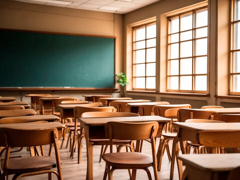 Empty school classroom with writing slats and wooden chairs. 