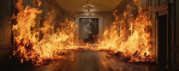 Blazing inferno in a hallway, Great for stories on crime, arson, firefighters and more.  - obrazy, fototapety, plakaty