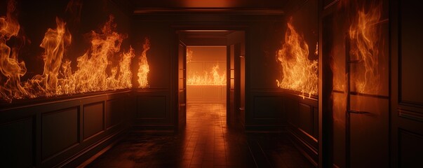 Fototapeta na wymiar Blazing inferno in a hallway, Great for stories on crime, arson, firefighters and more. 