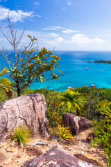 Fototapeta na wymiar Coastal landscape with rocks and small trees, Seychelles