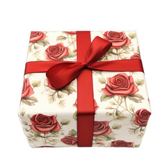 Gift box with rose pattern and ribbon isolated on transparent background