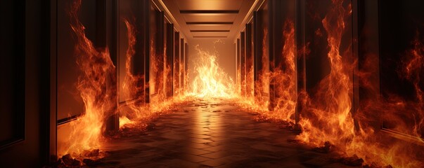 Blazing inferno in a hallway, Great for stories on crime, arson, firefighters and more. 