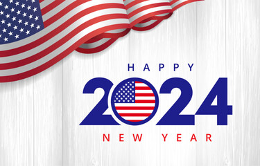Happy New Year 2024 with flag USA on gray wooden boards. Holiday design with 3d flag on wooden grunge planks for social media. Vector illustration
