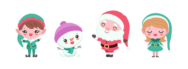 Kawaii Christmas characters vector cartoon illustration isolated. Cute Santa gnome, fun elf boy, sweet elf girl, little snowman. Classic carol children for Christmas print, winter greeting card.