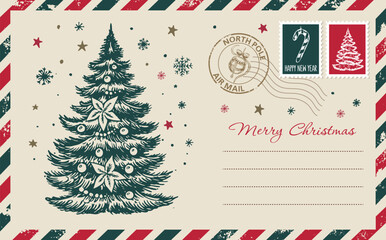 Christmas mail, postcard, hand drawn illustration.	