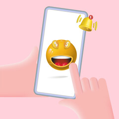 A new notification on your smartphone. The expression of a funny
 smiling face, a phone appearing.
Self-expression and emotions in various situations.
3d vector illustration.
