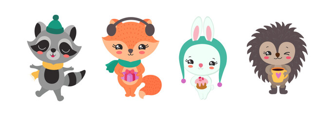 Obraz premium Kawaii Christmas woodland animals vector cartoon characters. Fun sweet raccoon, little fox, cute white rabbit and adorable hedgehog. Children illustration for print, book, winter greeting card.