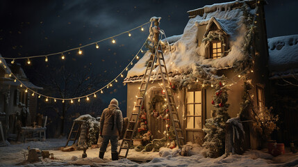 Cute House Decorated with Lights for Christmas Eve