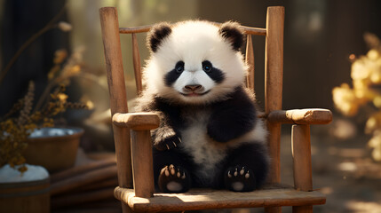 Baby Panda Sitting on a Wooden Chair, Adorable Panda Cub, Cute Bear Cub on Chair, Young Panda...