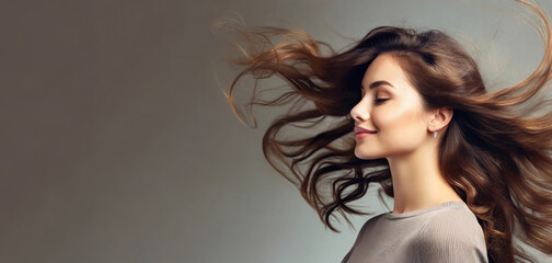 Profile Portrait of Beautiful Brunette Woman with Long Curly Hair Banner. generative. Hair Flying in the Wind. Copy Space