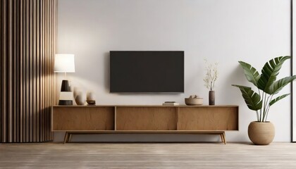Simple minimal cabinet for tv interior wall mockup