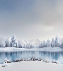 Empty nature podium with snowy trees, lake, and landscape. Calm and elegant winter atmosphere.