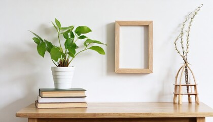 Small vertical wooden frame mockup in scandi style interior with trailing green plant in pot