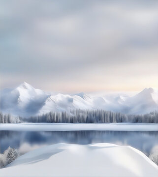 Empty nature podium with snowy trees, lake, and panoramic landscape. Calm and elegant winter atmosphere. Mockup for product presentation, branding, packaging, marketing, web, banner, editorial, print.