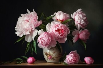 Oil painting of pink peony flowers in a white vase. Generative AI