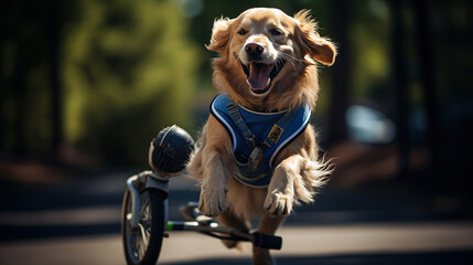 Obraz na płótnie Canvas Resilient Golden Retriever Thriving with Orthopedic Wheelchair
