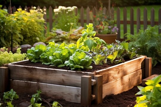 A wooden box filled with soil acting as a vegetable bed in a backyard garden, following homesteading and ecological principles. Generative AI