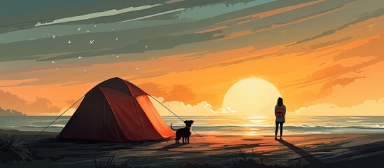 Fototapeta na wymiar Black dog and girl by seaside camping tent wallpaper backdrop