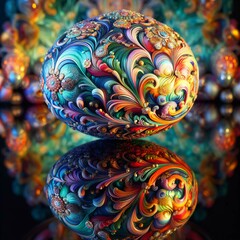 A colorful glass ball on a reflective surface, beautiful glass work, AI generated