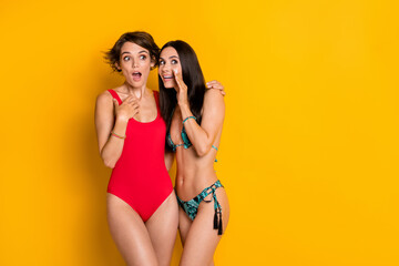 Photo of excited funny ladies wear bikini talking secrets looking empty space isolated yellow color background
