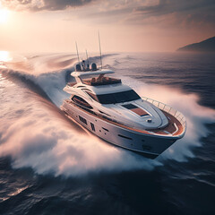 A stylish sea yacht with a streamlined shape cuts through water surface of the sea - obrazy, fototapety, plakaty