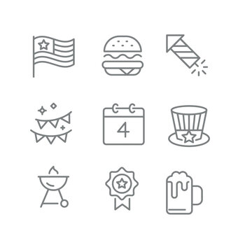 USA Independence Day celebration thin line vector icons