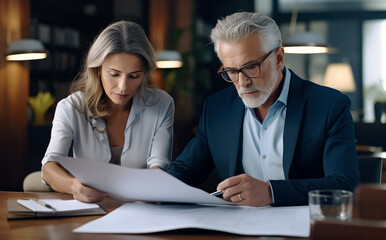 Fototapeta premium a middle aged man and woman looking at paperwork in an office